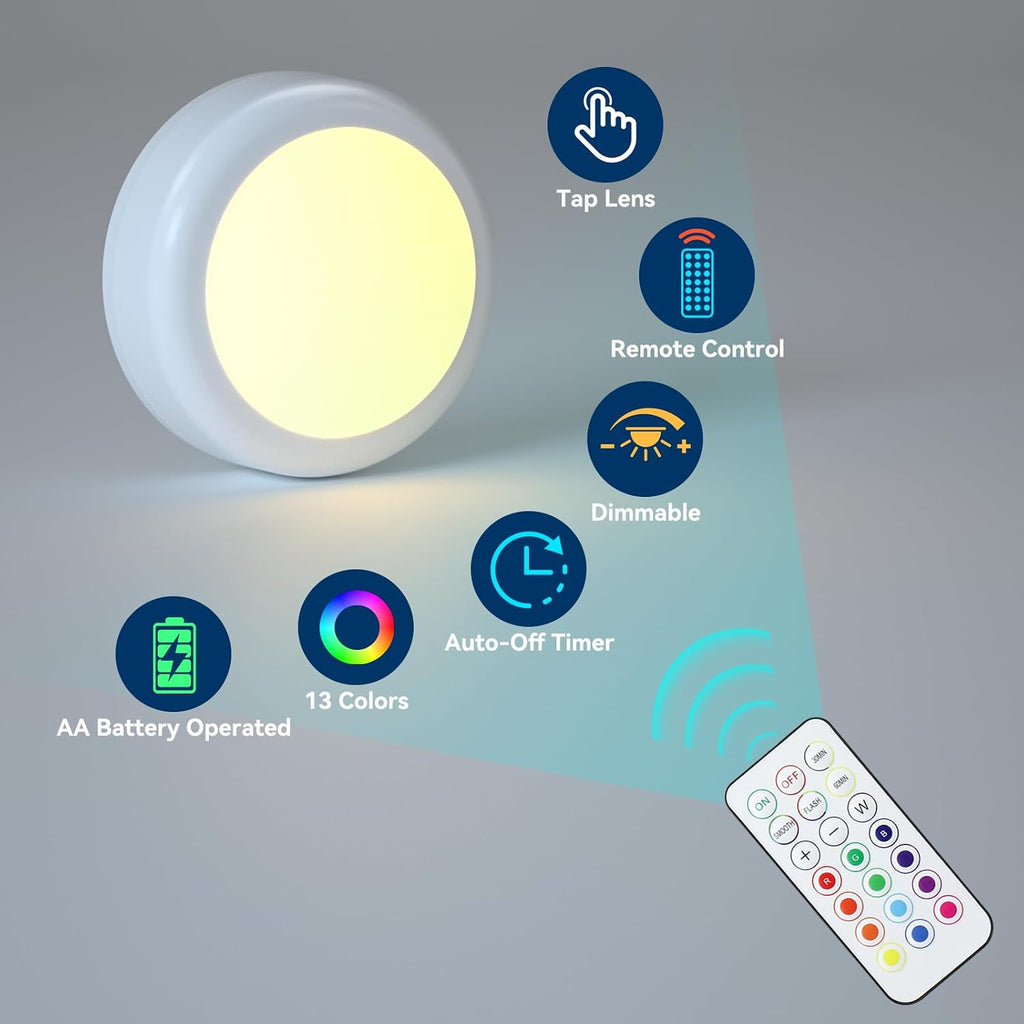 Battery Powered LED Push Puck Lights with Remote, 6 Pack