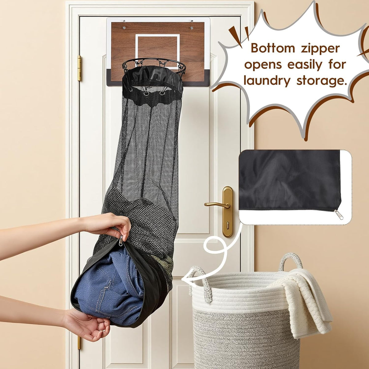Wooden Hanging Basketball Hoop Laundry Basket with Zipper