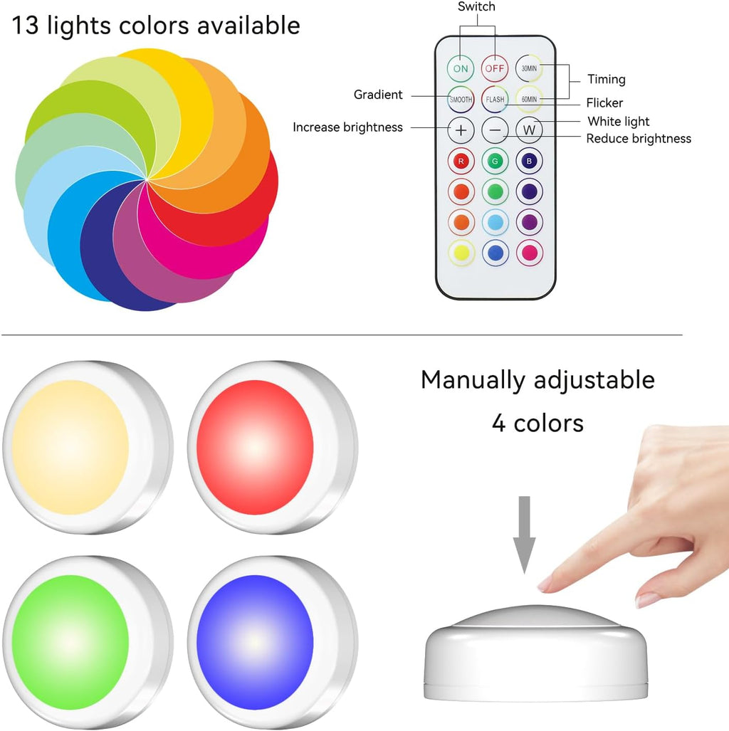 Battery Powered LED Push Puck Lights with Remote, 6 Pack