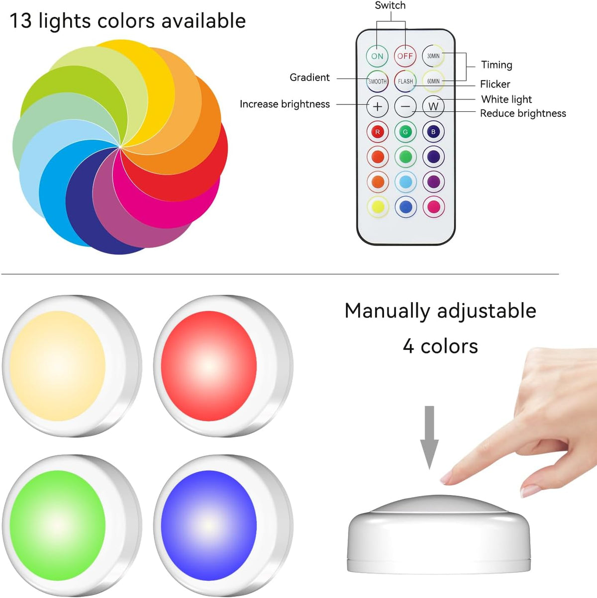 Battery Powered LED Push Puck Lights with Remote, 6 Pack