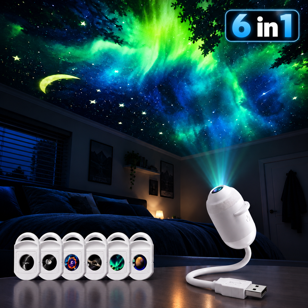 Scrubbit galaxy projector lighting up a room with stars and planets