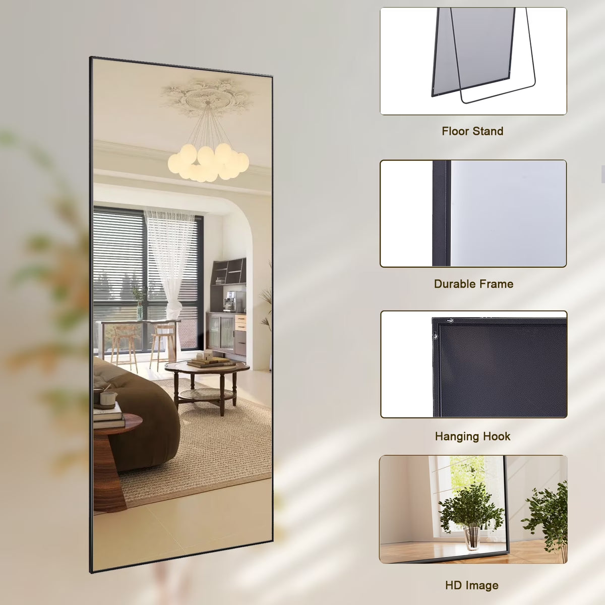 16"X59" Rectangular Floor Mirror Full Length Standing Mirror, Black