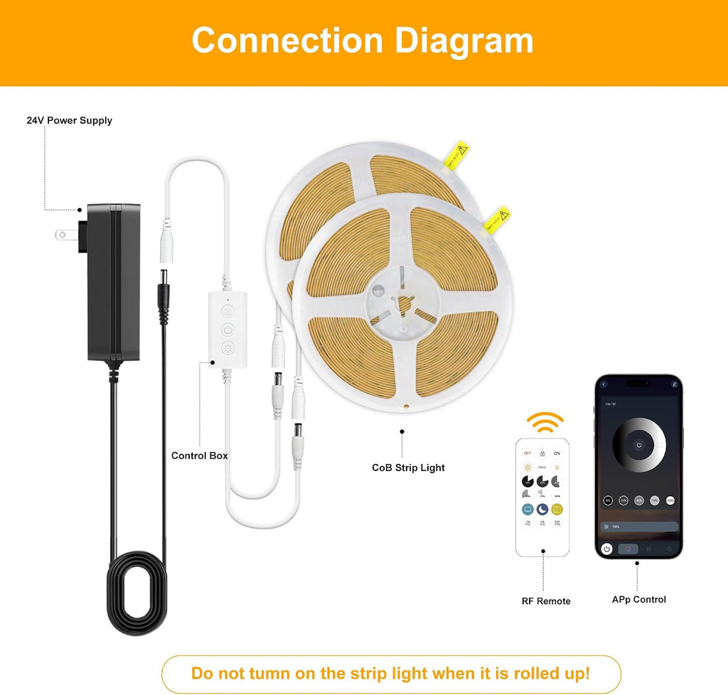COB LED Strip Lights Warm White,24V Dimmable Led Light Strip KIT with Remote and App Control