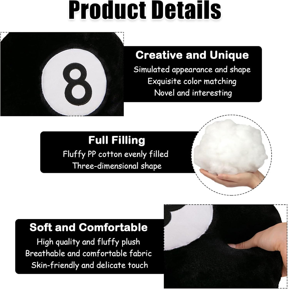 8 Ball Pillow Black Stuffed Billiards Plush Small Toy, 13 Inch
