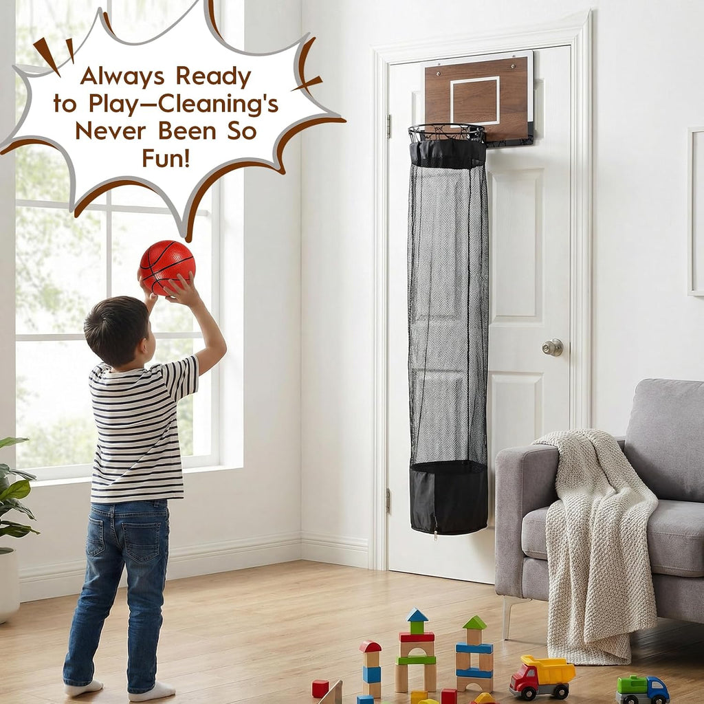 Wooden Hanging Basketball Hoop Laundry Basket with Zipper