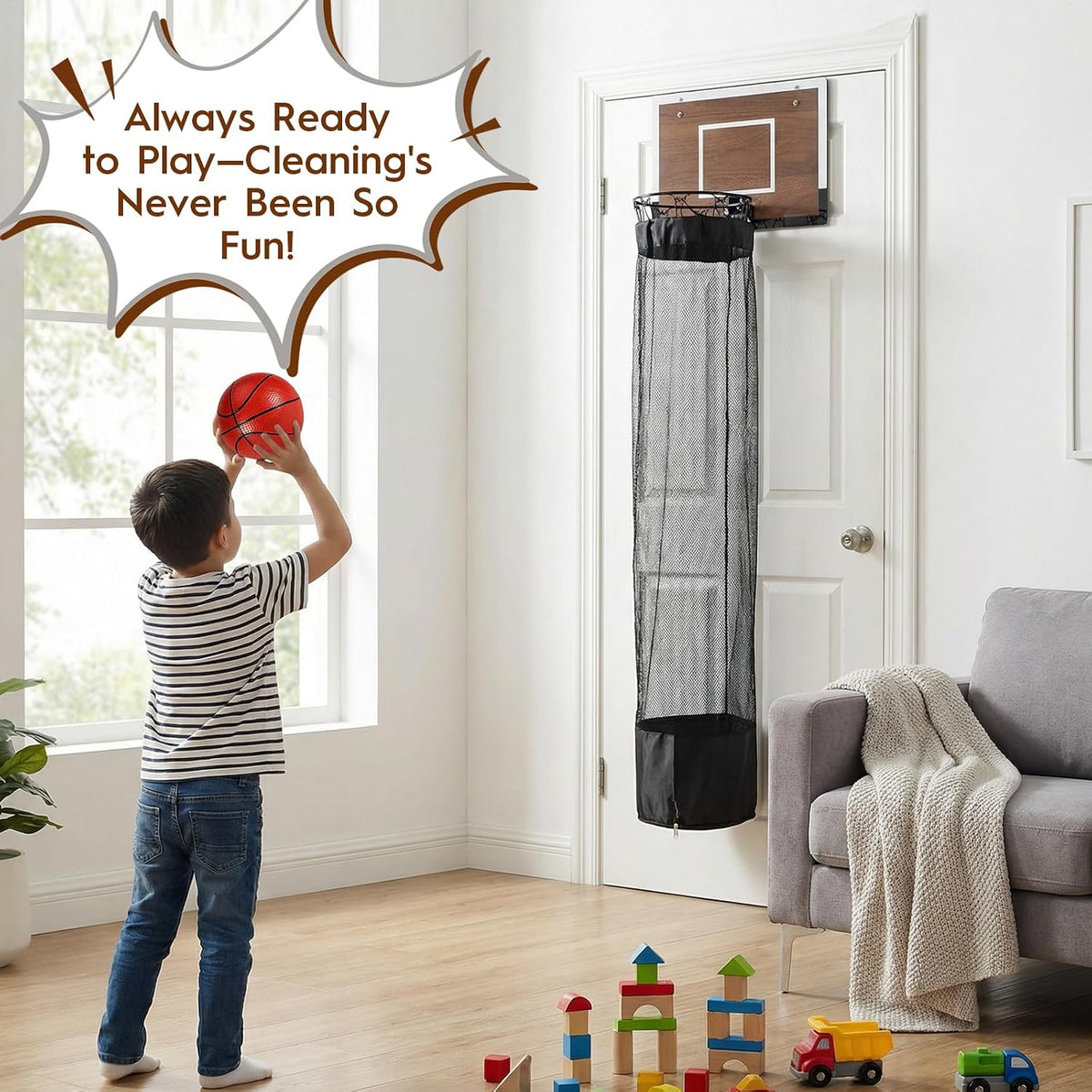 Wooden Hanging Basketball Hoop Laundry Basket with Zipper
