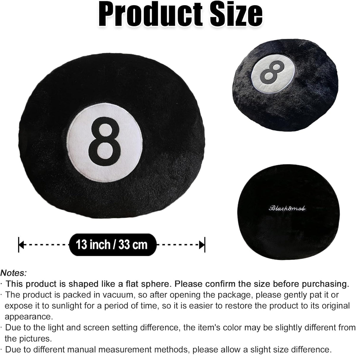 8 Ball Pillow Black Stuffed Billiards Plush Small Toy, 13 Inch