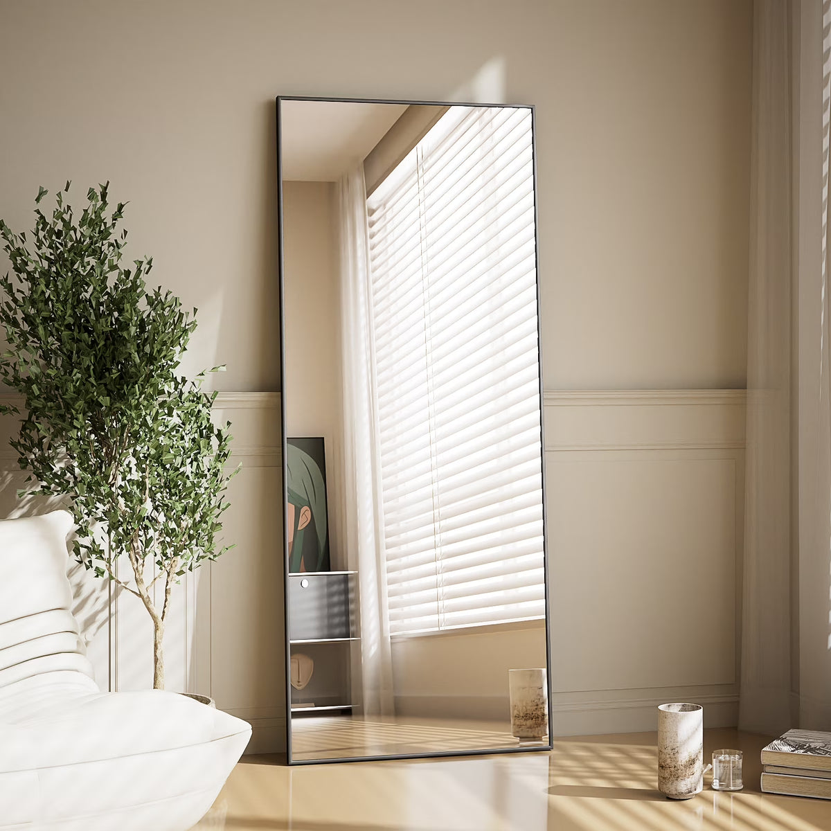 16"X59" Rectangular Floor Mirror Full Length Standing Mirror, Black