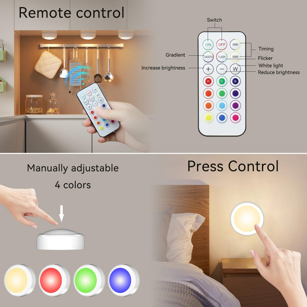 Battery Powered LED Push Puck Lights with Remote, 6 Pack